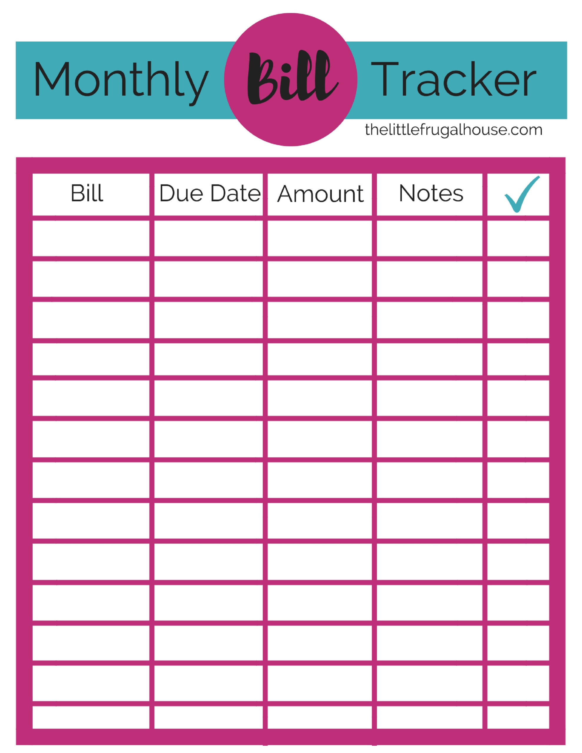Monthly Bill Tracker Printable - The Little Frugal House  Bill Pay Organizer Printable Free