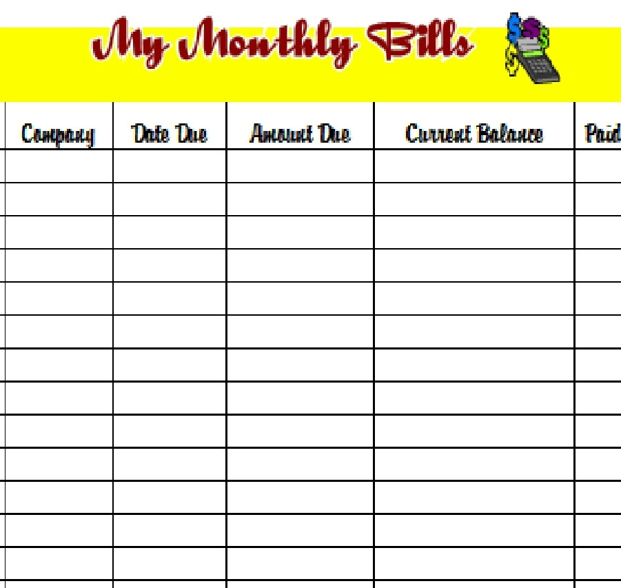 Monthly Bills Template | Charlotte Clergy Coalition  Monthly Bill Payment Worksheet Pdf