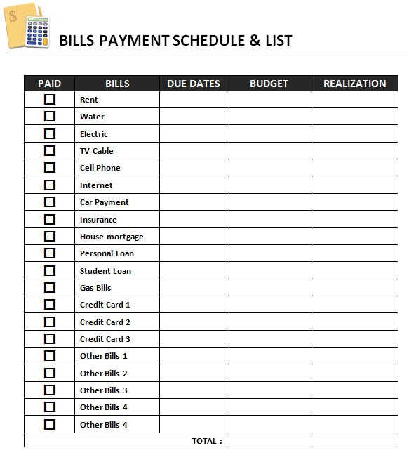Payment Schedule Template | Template Business  Bill Pay Schedule Worksheet