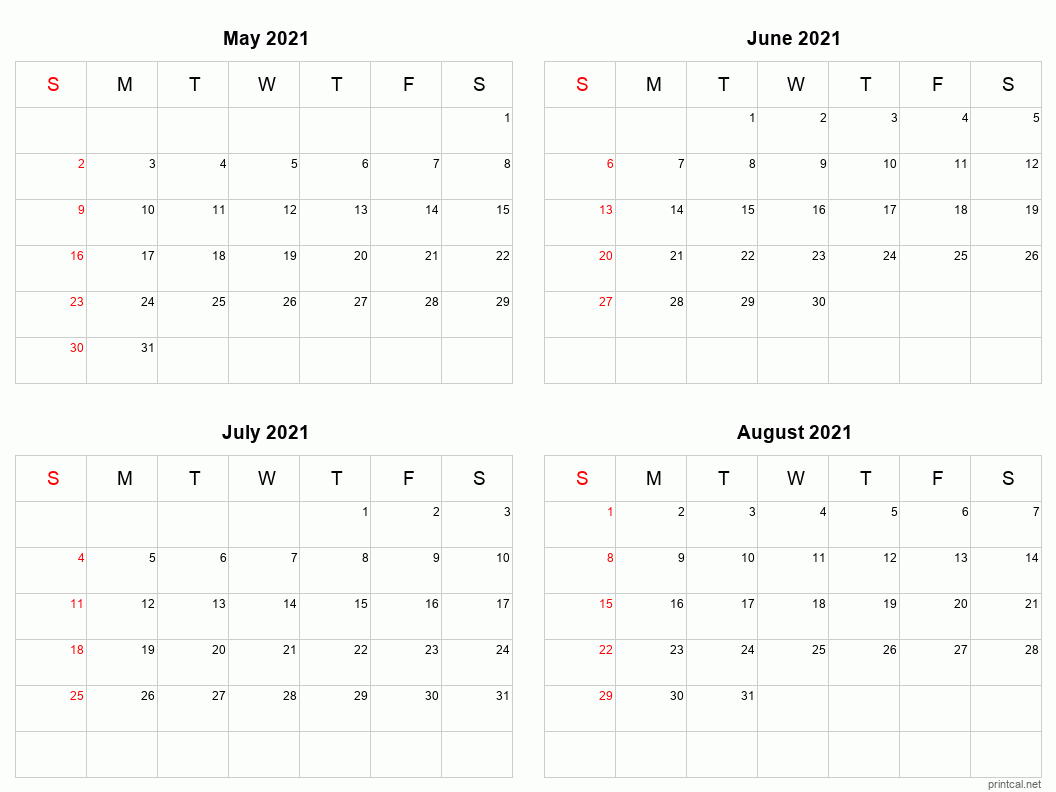 Printable 2021 Calendar - Four Months Per Page | Free  Free Printable Calendar 4 Manth