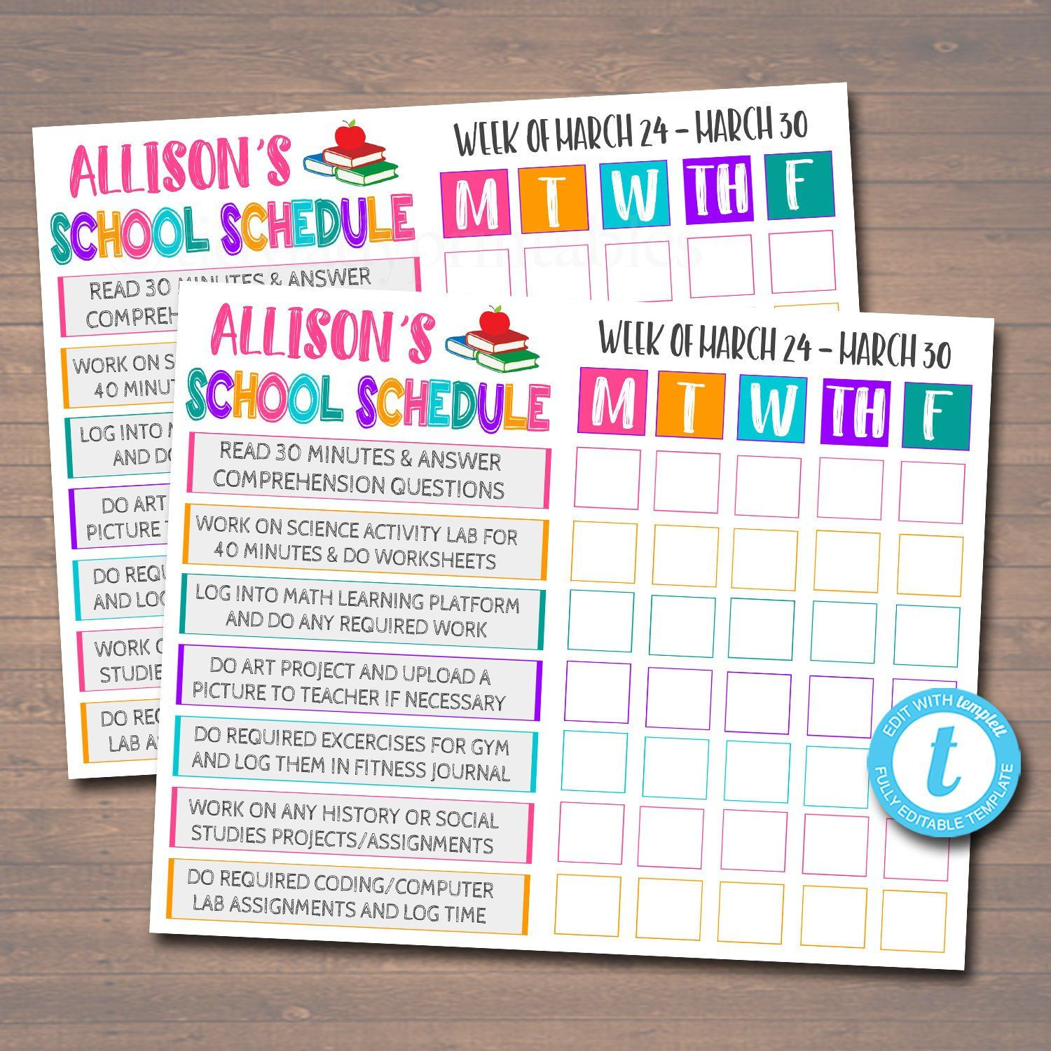 Printable Homeschool Schedule - Daily Subject Checklist  Editable Daily Schedule Template