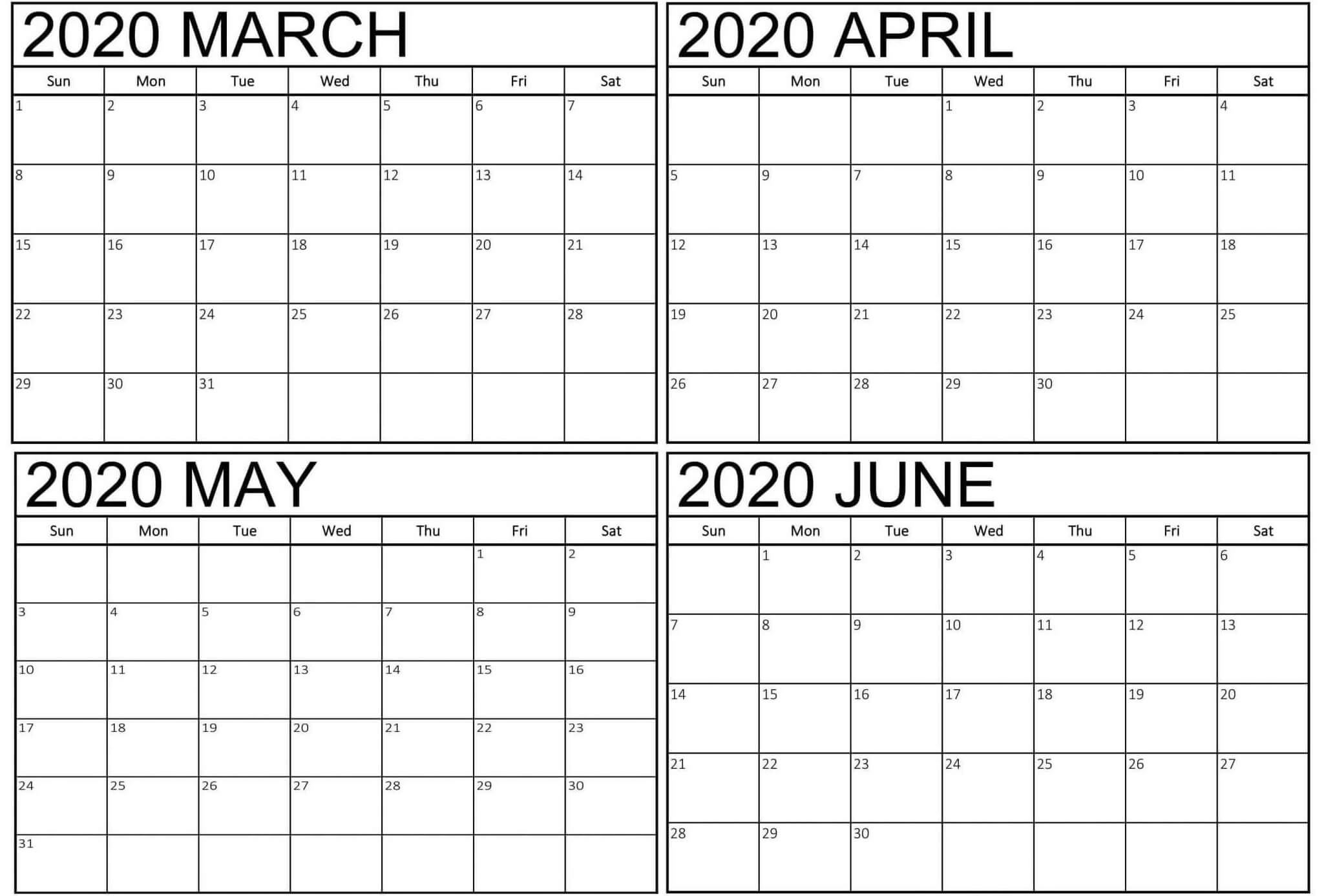 Printable March To June 2020 Calendar Of 4 Months  Free Printable Calendar 4 Manth