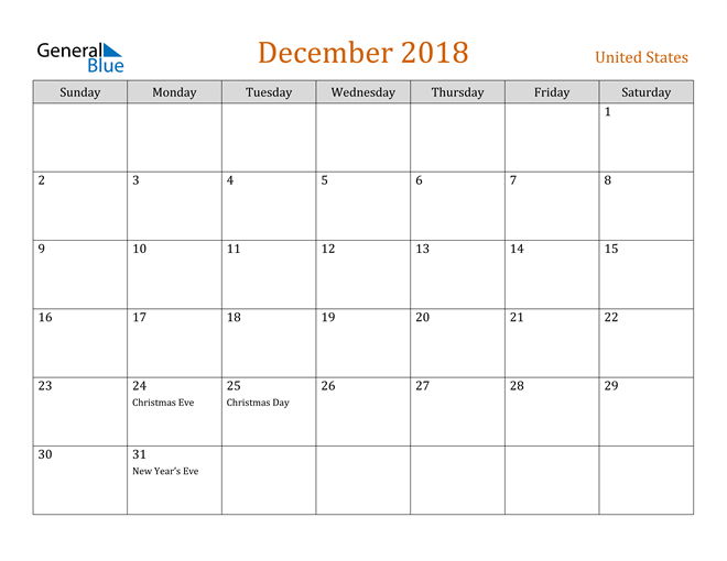 United States December 2018 Calendar With Holidays  Stats Holidays Calender