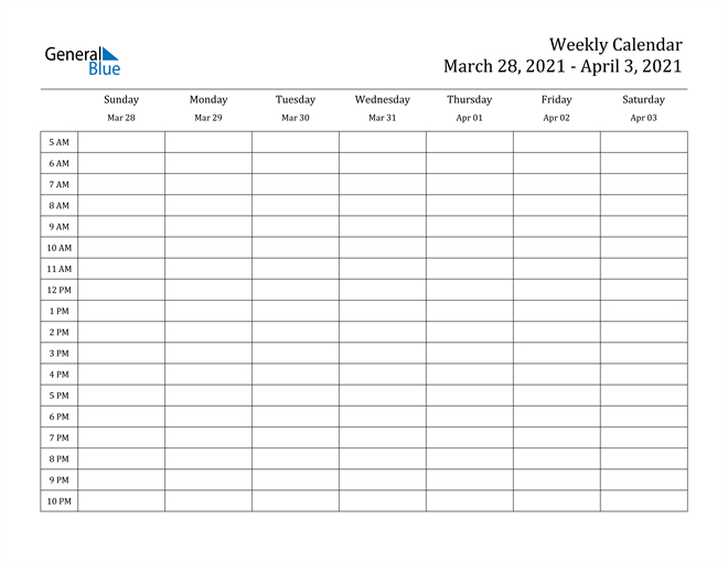 Weekly Calendar - March 28, 2021 To April 3, 2021 - (Pdf  Excel Weekly Calendar