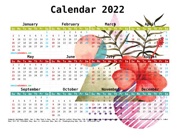 12 Free 2022 Printable Yearly Calendar (Watercolor Premium)  2022 United States Government Calendar Printable