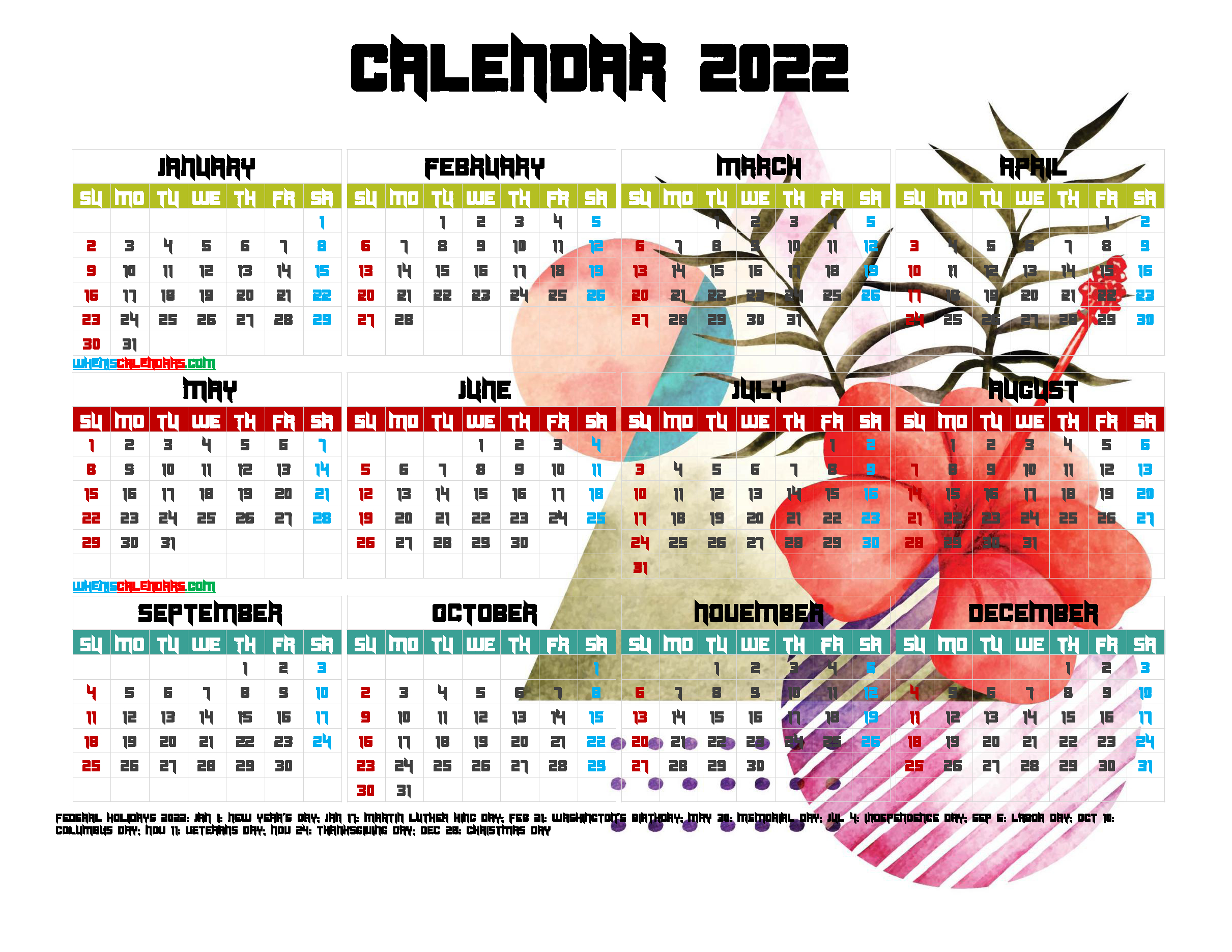 12 Printable Yearly 2022 Calendar With Holidays  Free Printable Calendar 2022 Plants