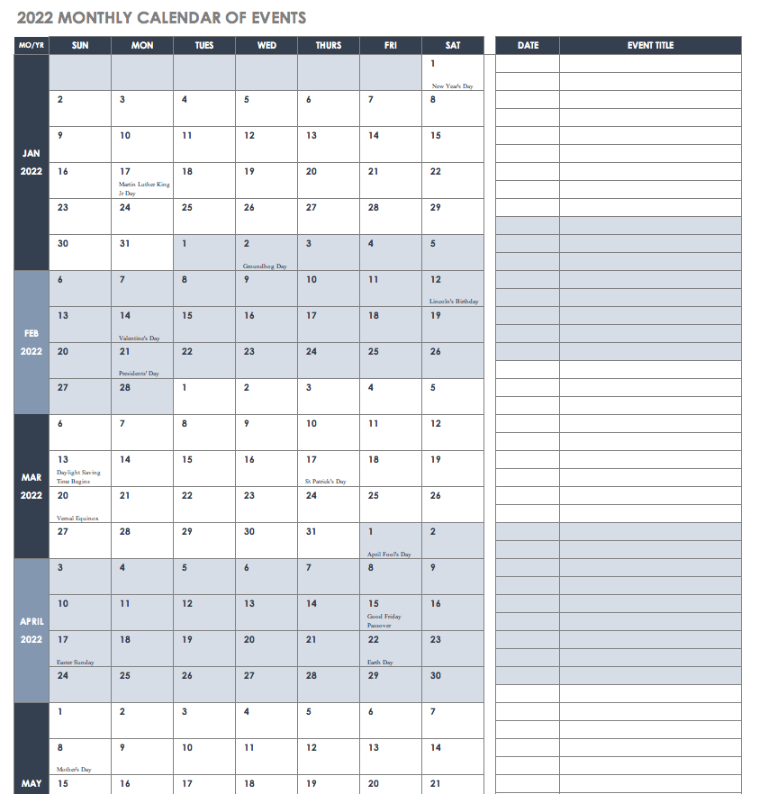 15 Free Monthly Calendar Templates | Smartsheet  Calendar 2022 Festival