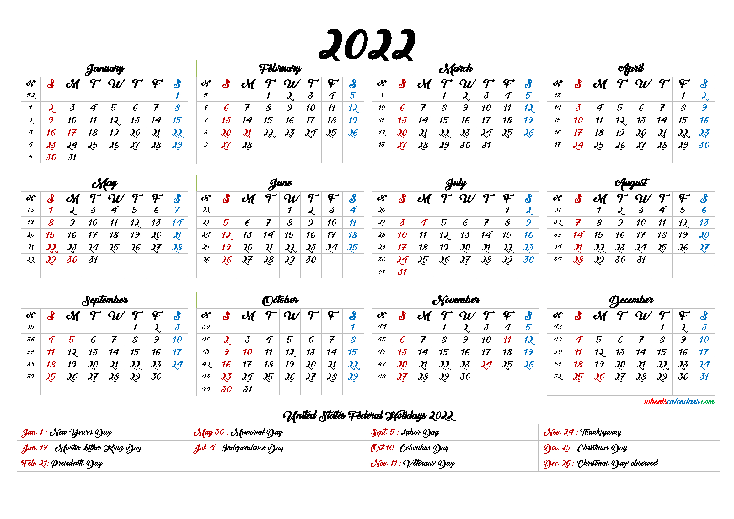 20+ 2022 Calendar With Holidays Printable - Free Download  Free Printable Calendar 2022 In Word