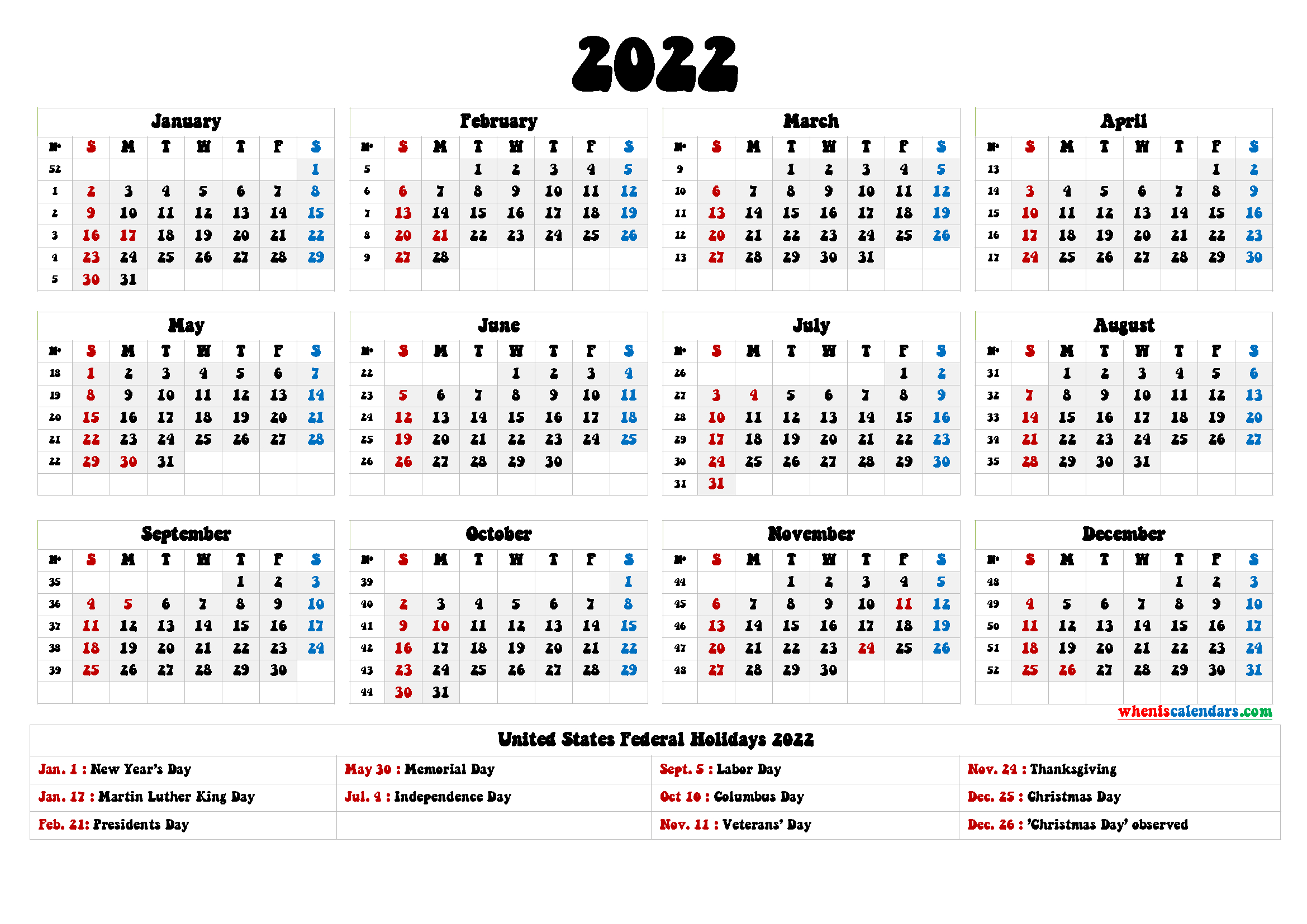20+ 2022 Holidays - Free Download Printable Calendar  Free Printable Calendar 2022 Word