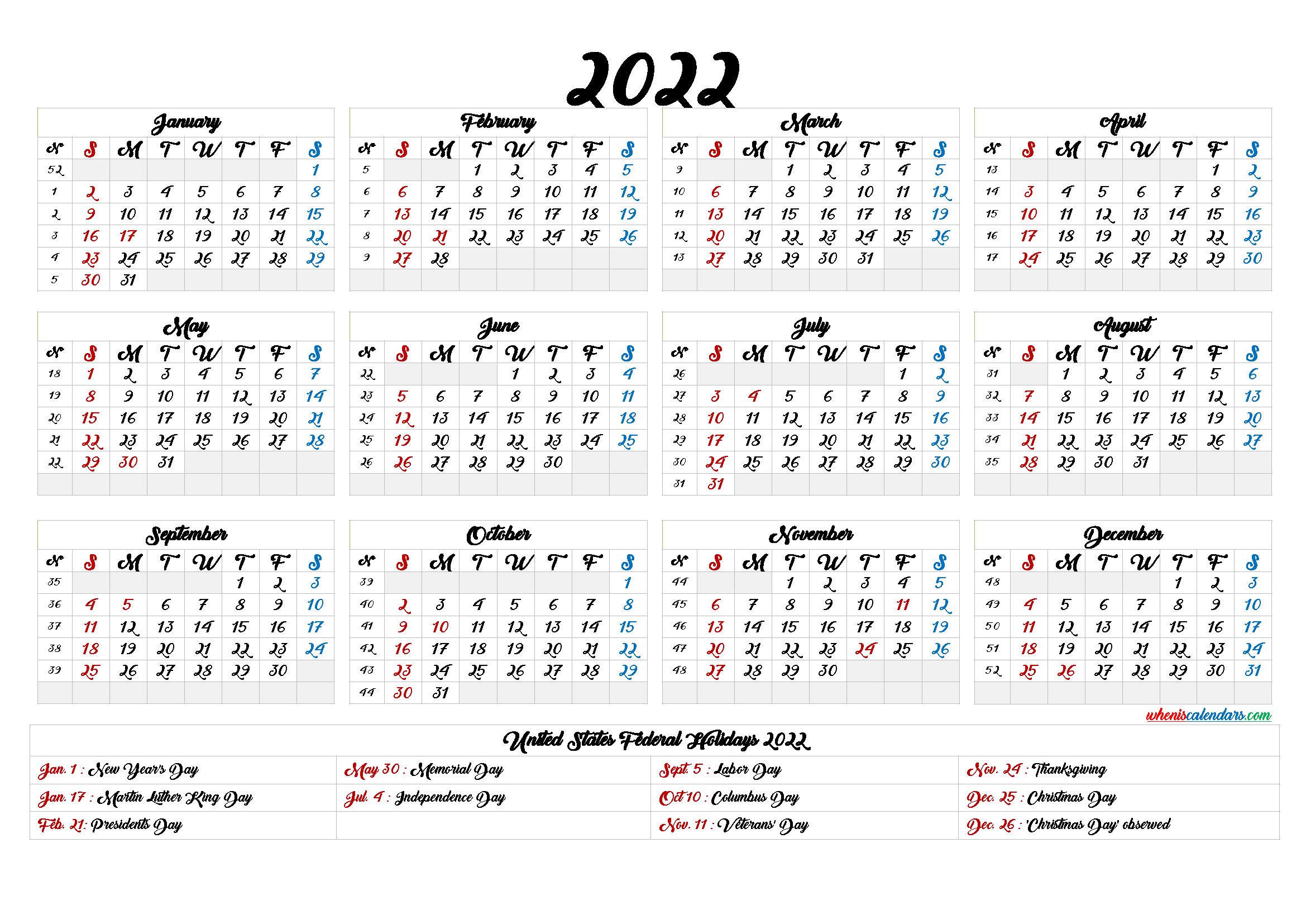 20+ Calendar 2022 Printable - Free Download Printable  Free Printable Calendar 2022.Com