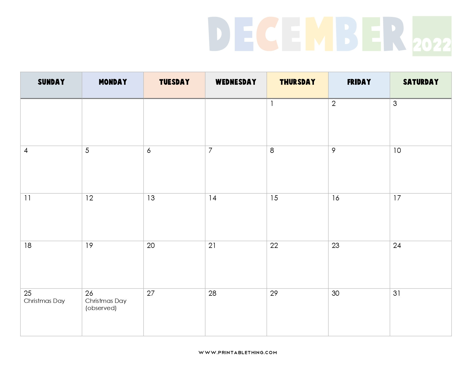 20+ December 2022 Calendar Printable, Us Holidays, Blank  December 2022 Calendar Template