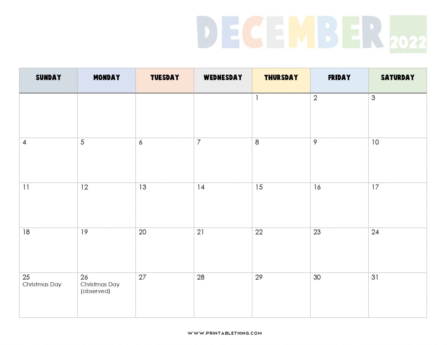 20+ December 2022 Calendar Printable, Us Holidays, Blank  December Calendar Of 2022