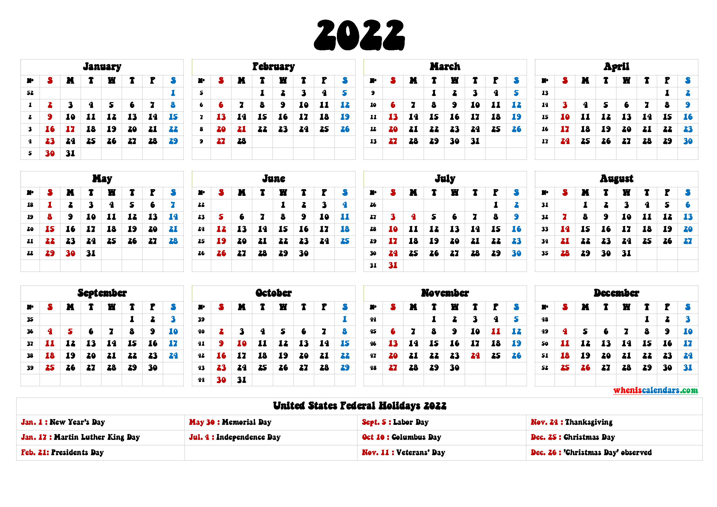 20+ Federal Holidays 2022 - Free Download Printable  2022 Calendar With Holidays Printable Excel