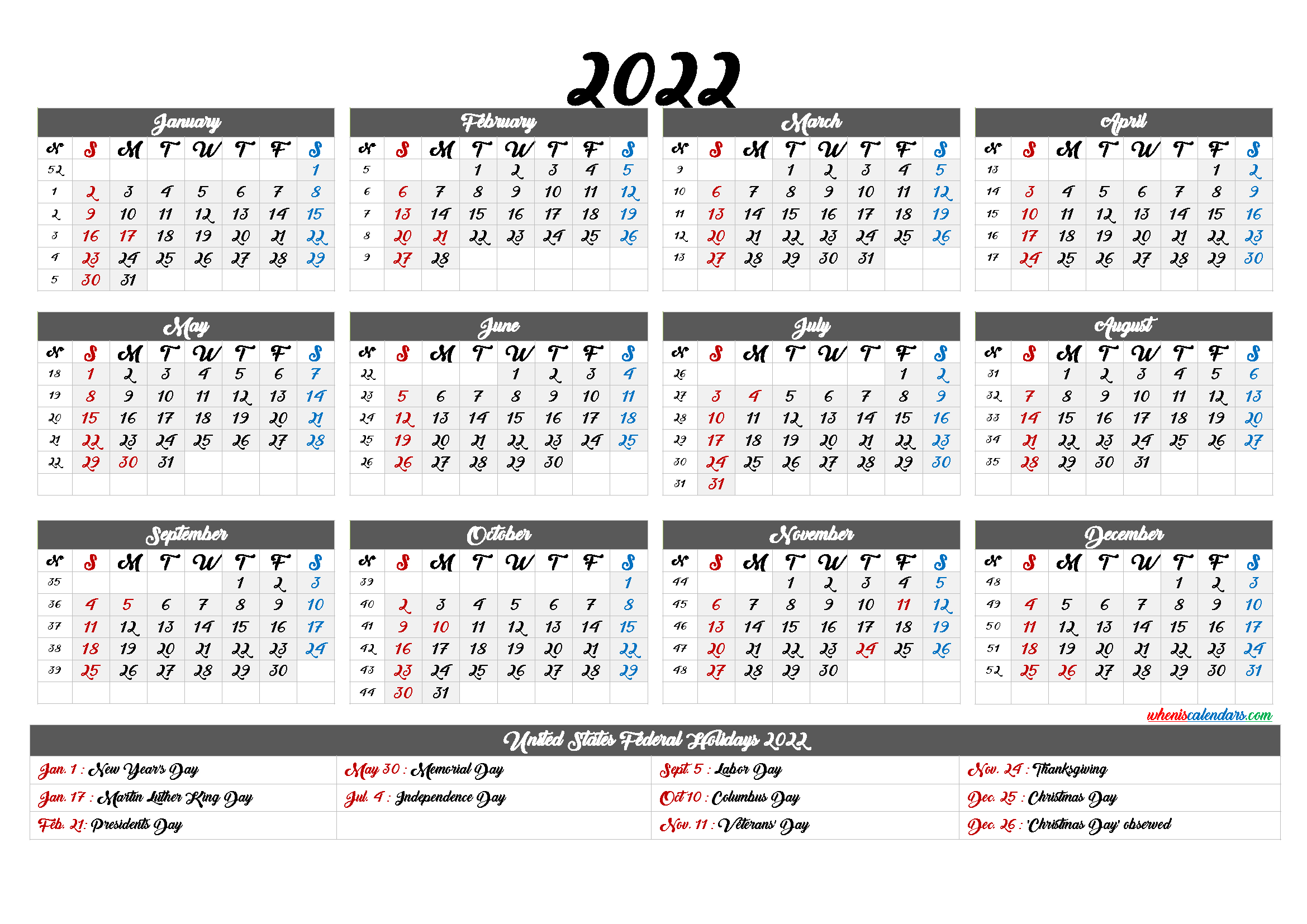 20+ Federal Holidays 2022 - Free Download Printable  Free Printable 2022 Calendar With Holidays Pdf