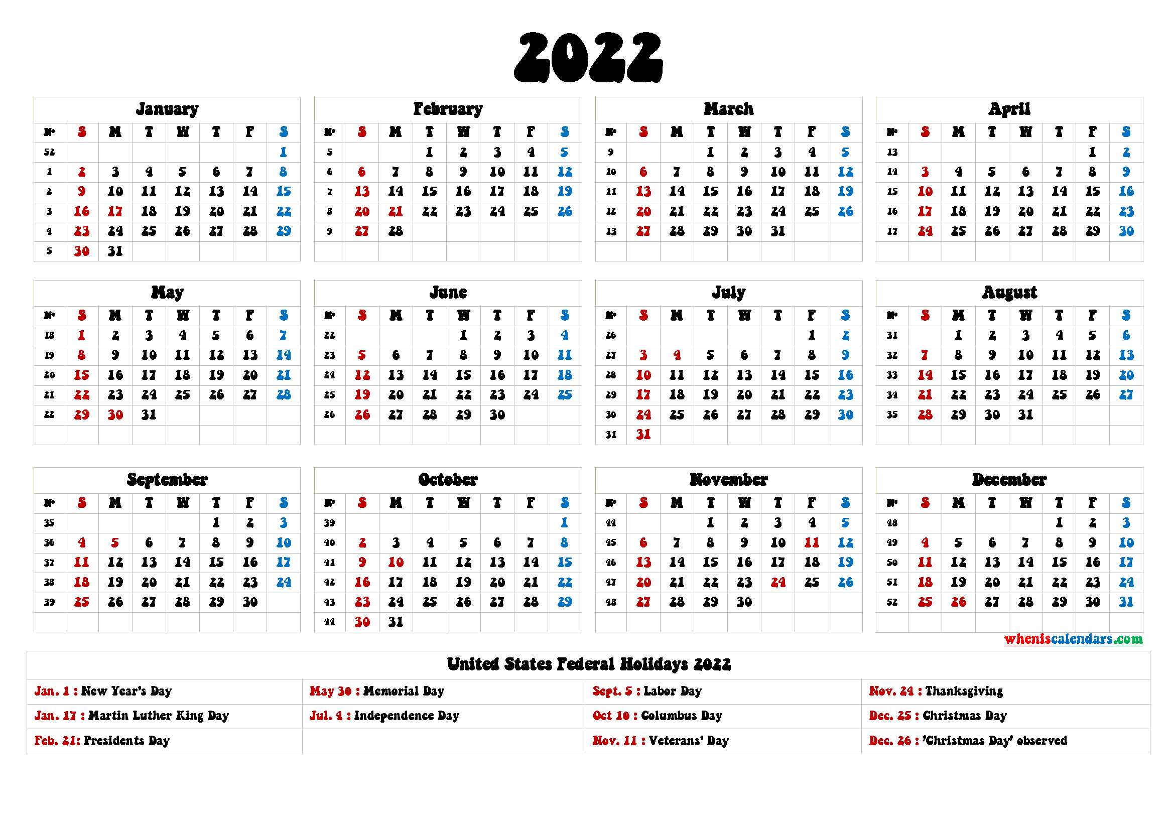 20+ Federal Holidays 2022 - Free Download Printable  Payroll Calendar For 2022