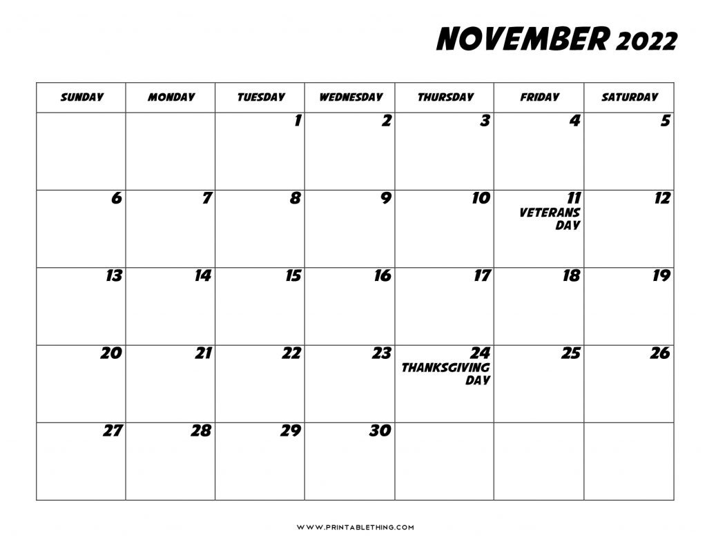 20+ November 2022 Calendar Printable, Us Holidays, Blank  Printable November 2022 Calendar