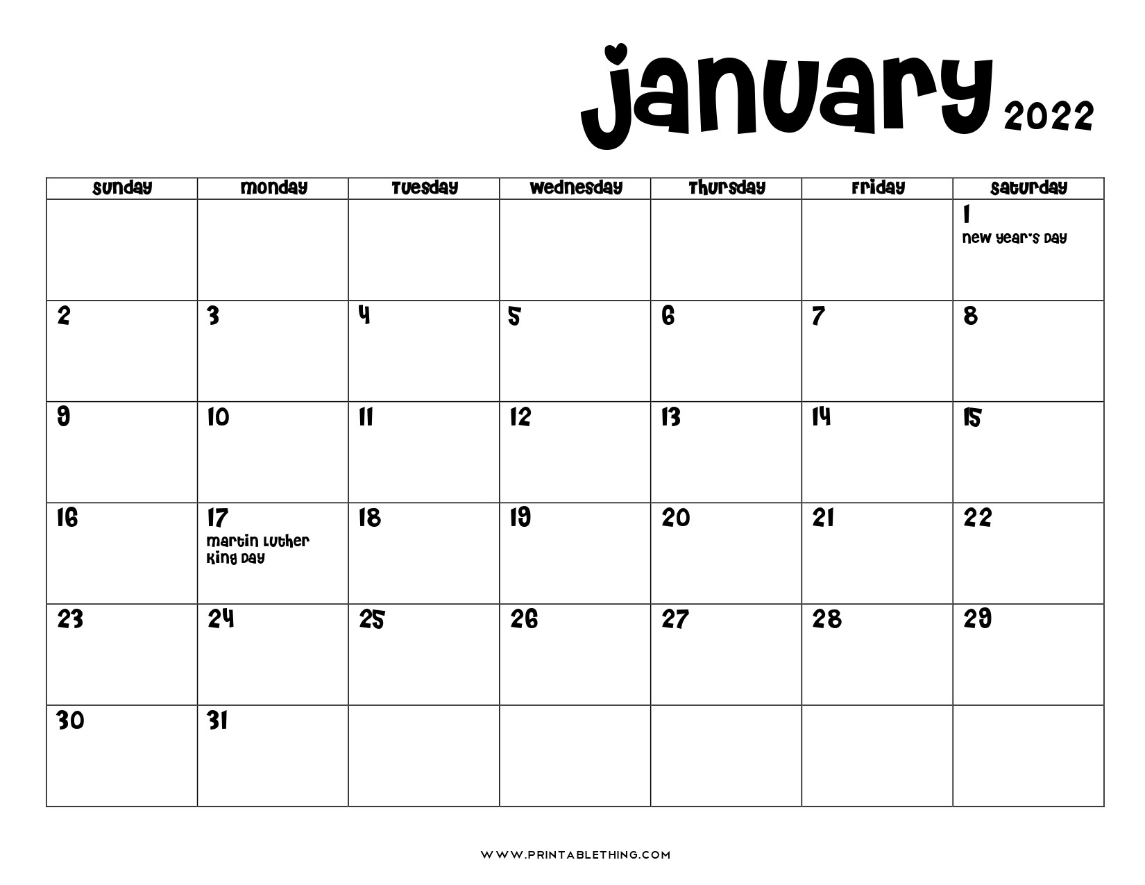 20+ Printable January 2022 Calendar With Holidays, Blank, Free  2022 Calendar Printable Wiki