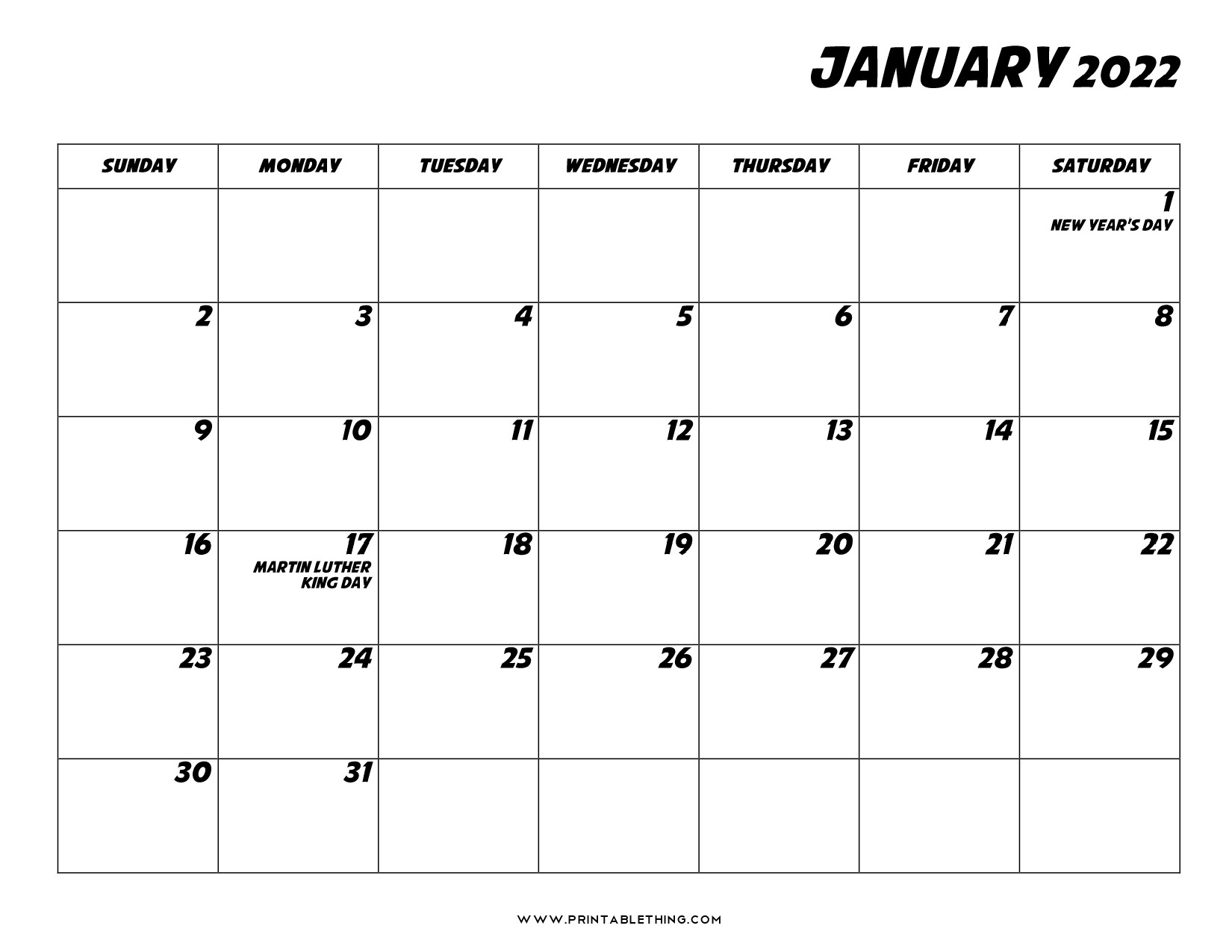20+ Printable January 2022 Calendar With Holidays, Blank, Free  Calendar 2022 January To May