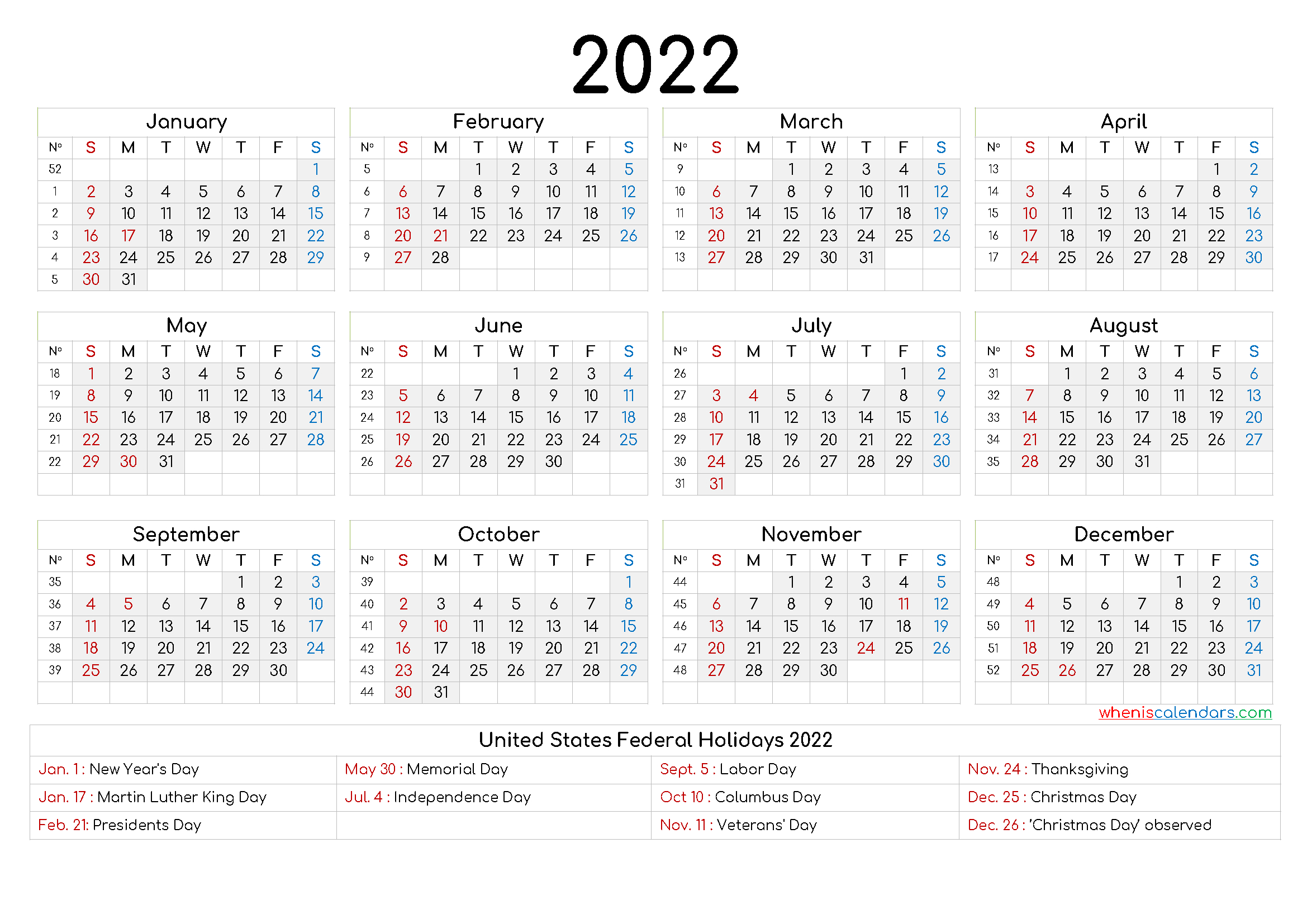 20+ Yearly Calendar 2022 - Free Download Printable  2022 Calendar Printable One Page Pdf