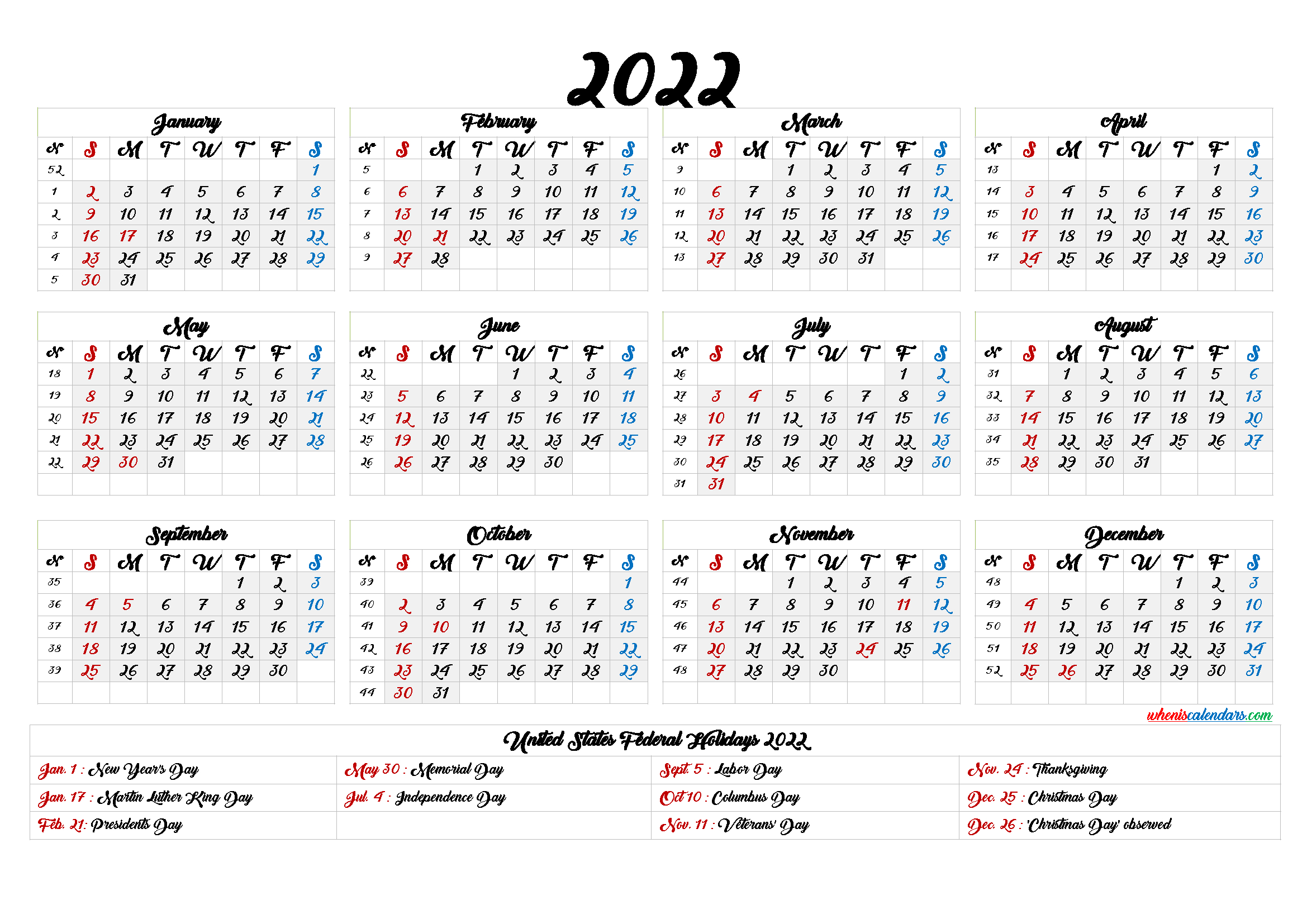 20+ Yearly Calendar 2022 - Free Download Printable  Online Free Printable Calendar 2022