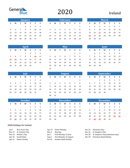 2020 Ireland Calendar With Holidays  Printable Calendar 2022 Ireland