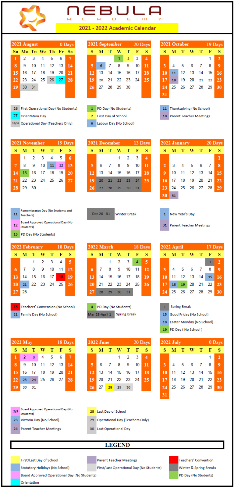 2021 - 2022 Academic Calendar - Nebula Academy  Calendar 2022 California