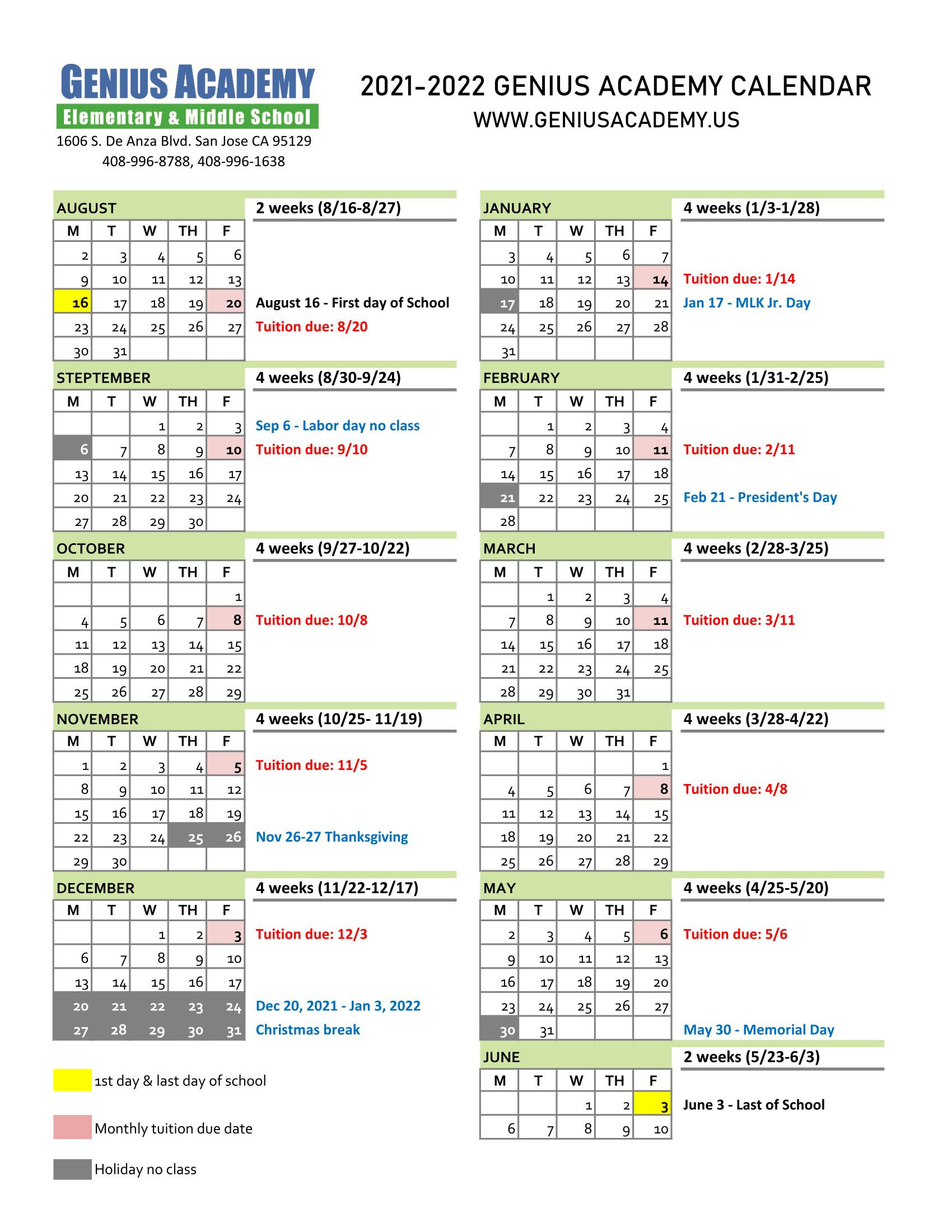 2021-2022 Calendar - Genius Academy  Calendar 2022 California