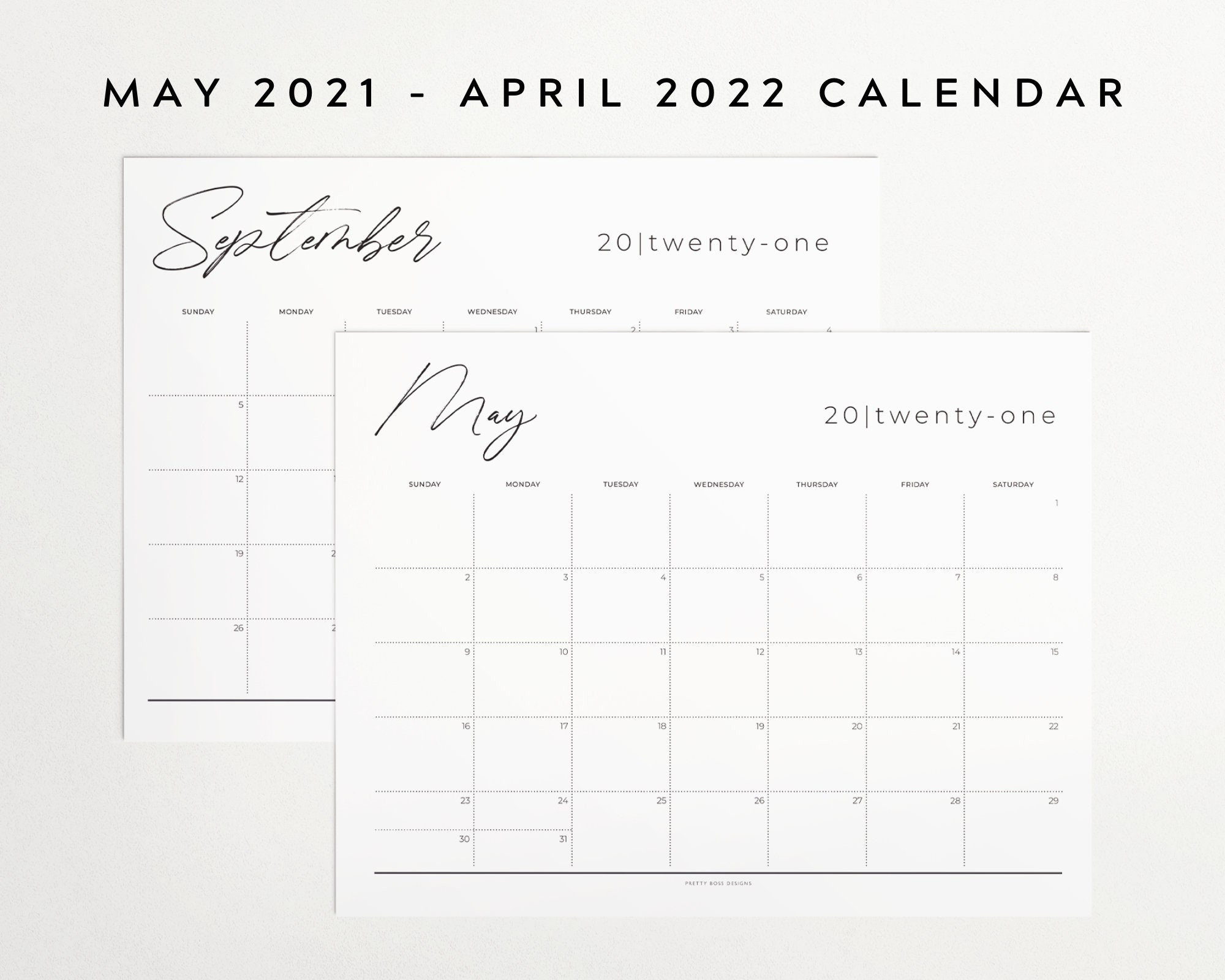 2021-2022 Calendar Printable, Monthly Calendar, Minimal  Printable Calendar 2022 Pretty