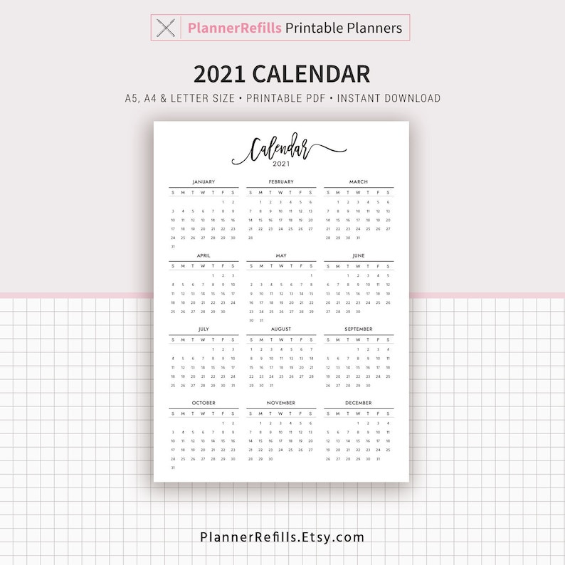 2021-2022 Calendar Printable Year At A Glance Planner | Etsy  2022 Calendar Printable A5
