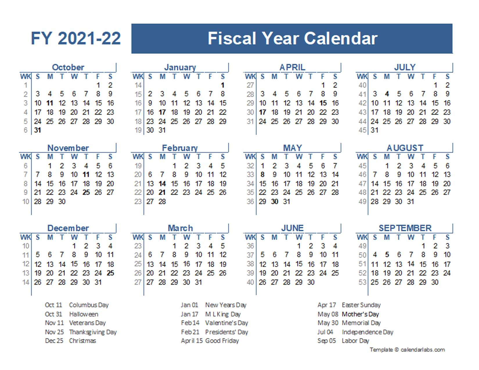 2021-2022 Fiscal Planner Us - Free Printable Templates  2022 Julian Calendar With Holidays