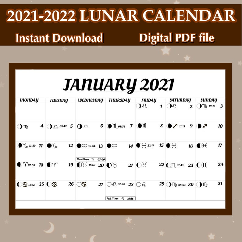 2021-2022 Lunar Calendar Printable | Etsy  Full Moon Calendar 2022 California