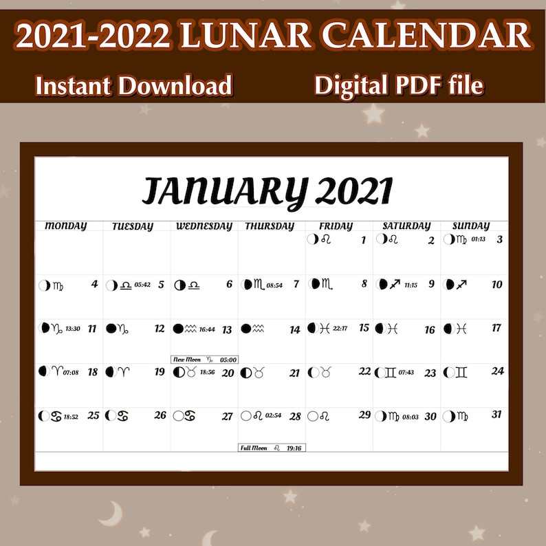 2021-2022 Lunar Calendar Printable | Etsy  Full Moon October 2022 Calendar