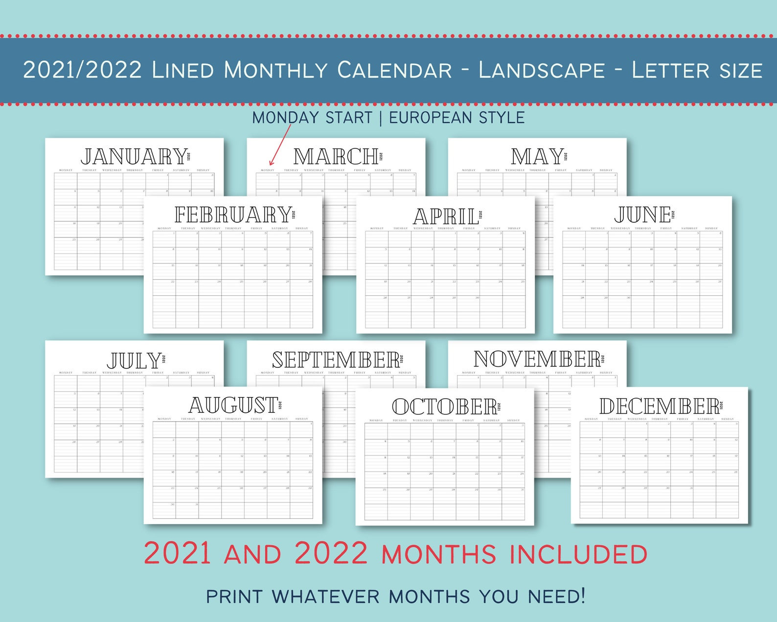 2021 2022 Monthly Lined Printable Calendar Monday Start | Etsy  Free Printable Lined Monthly Calendar 2022