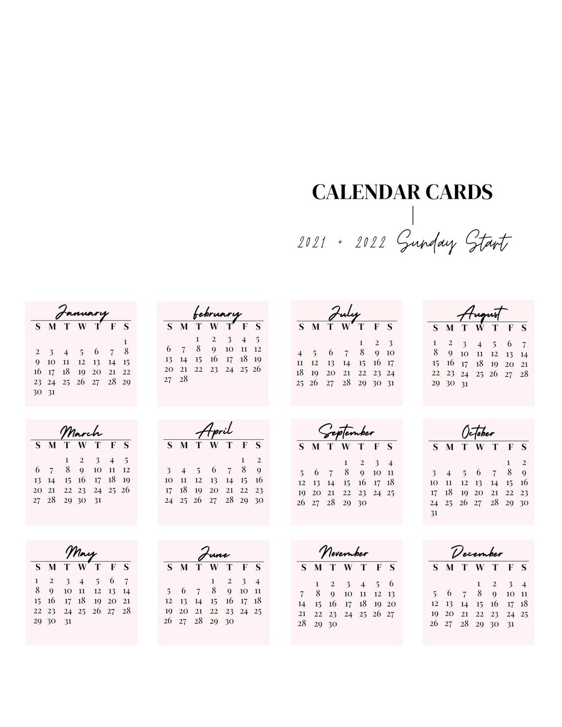 2021 &amp; 2022 Monthly Printable Calendar Cards Planner Cards  2022 Calendar Printable Pink