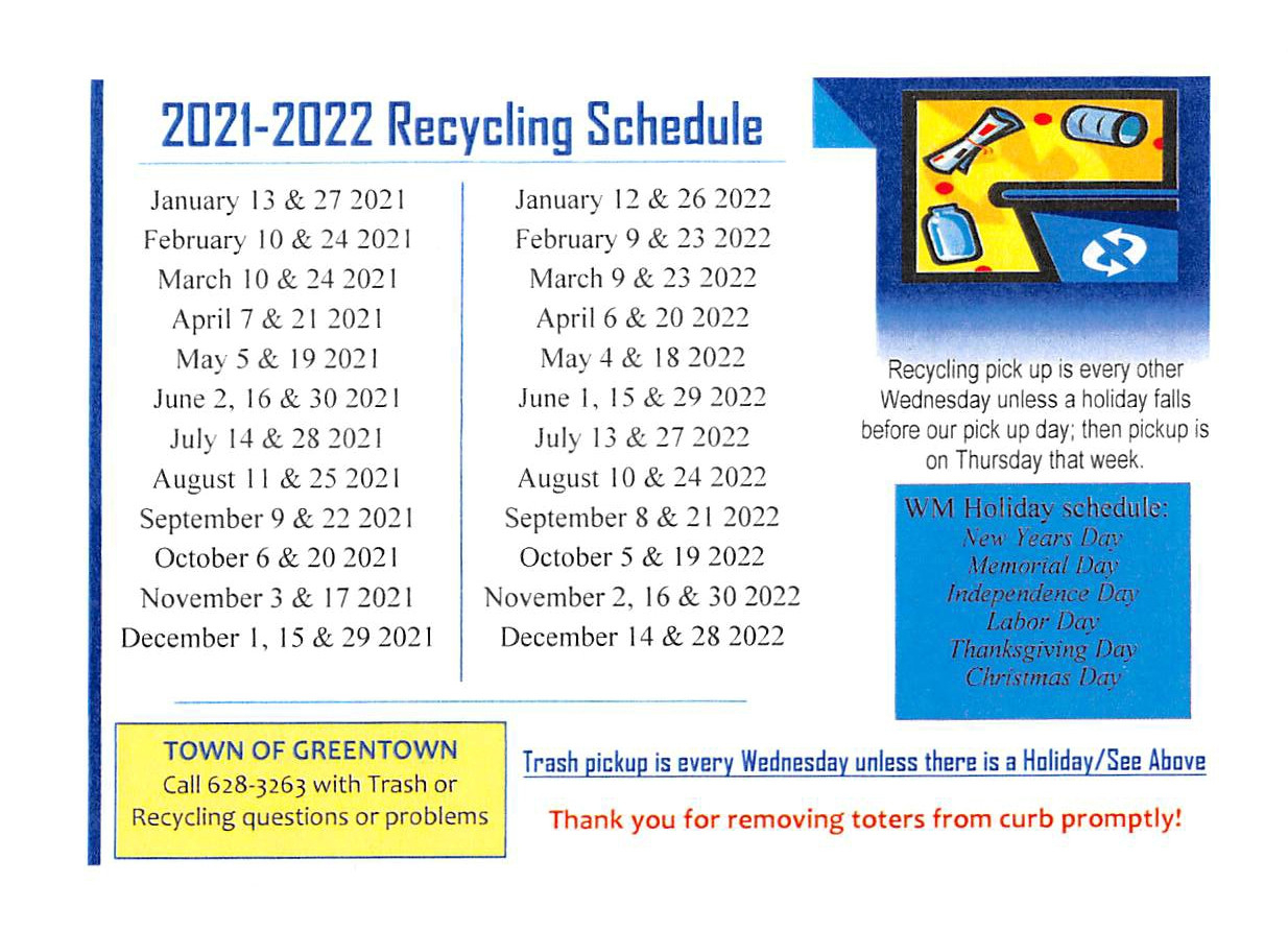2021-2022 Recycling Schedule - Town Of Greentown  Recycling Calendar For 2022