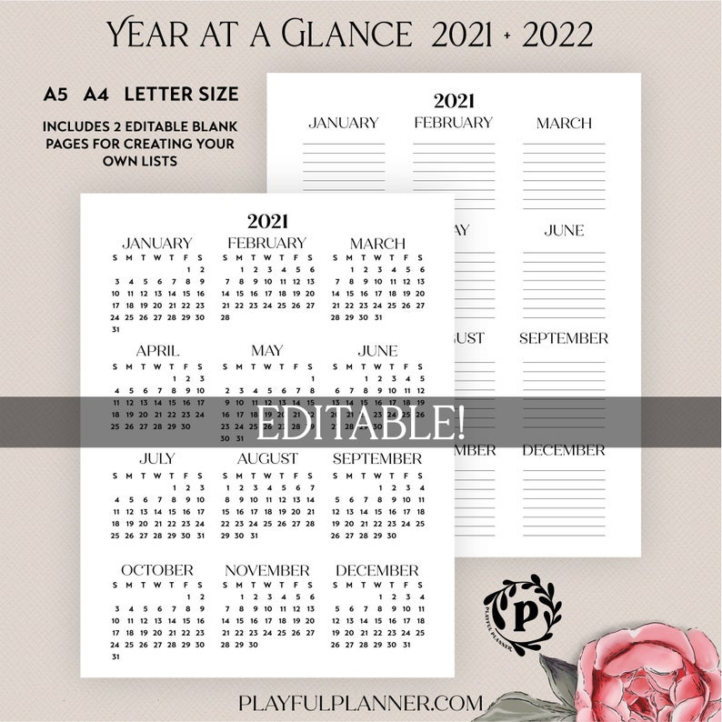 2021 2022 Year At A Glance Editable Printable Yearly  Free Printable Calendar 2022 Year At A Glance