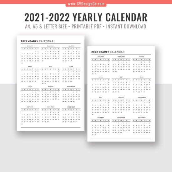 2021-2022 Yearly Calendar, Year At A Glance, Digital  2022 Calendar Printable A5