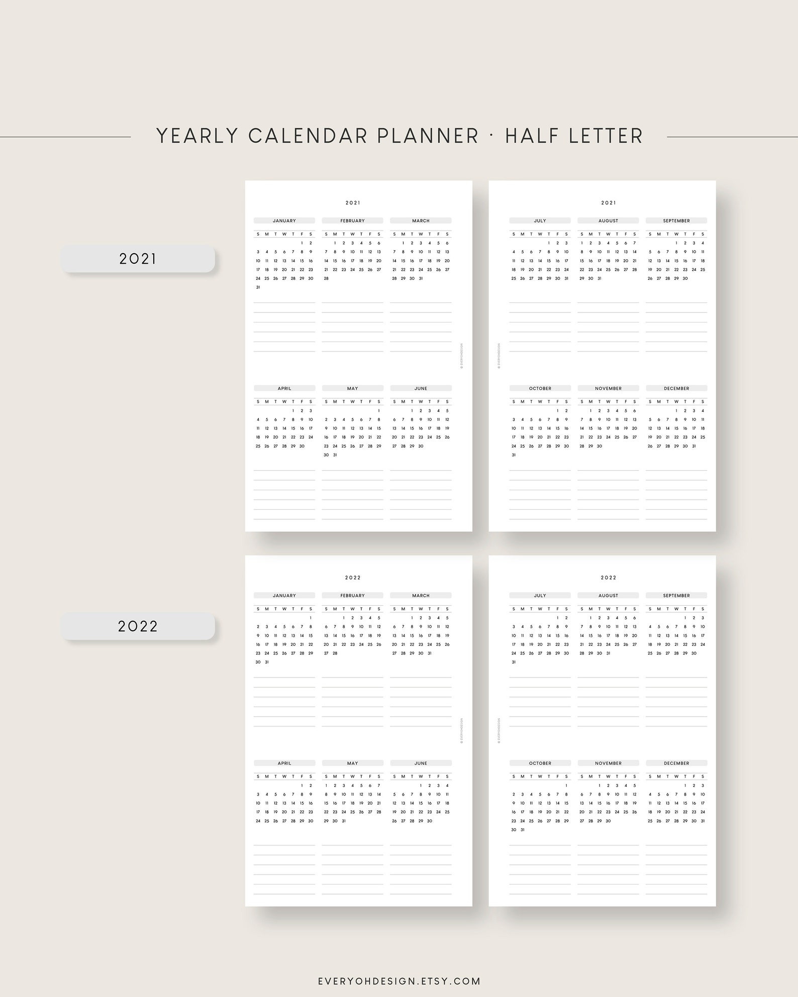 2021-2022 Yearly Planner Half Inserts Printable Calendar  Printable Calendar 2022 Half Page