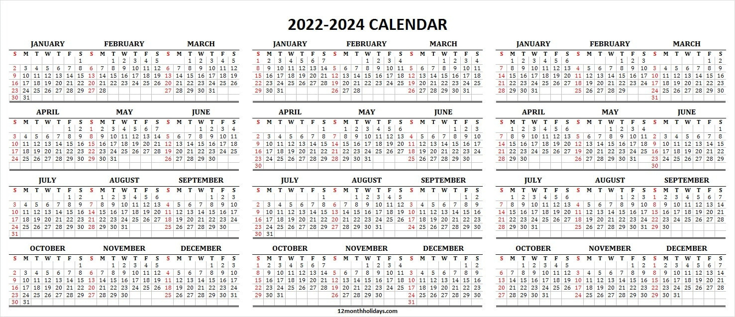 2022 2023 2024 Calendar Printable Template | 3 Year  How To Make A 2022 Calendar
