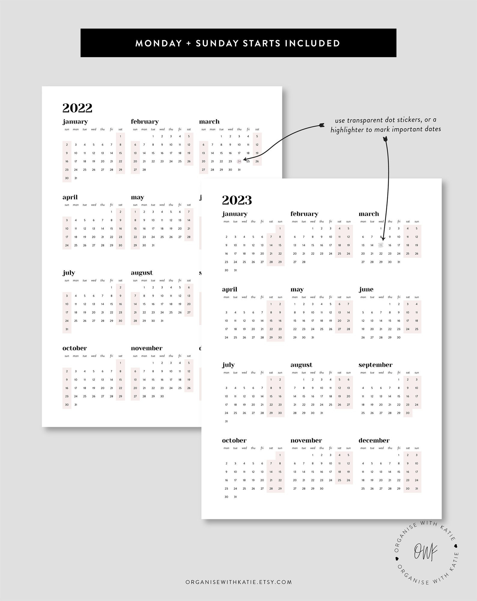 2022 2023 A5 Rings Calendar Printable Year At A Glance | Etsy  2022 Calendar Printable Pink