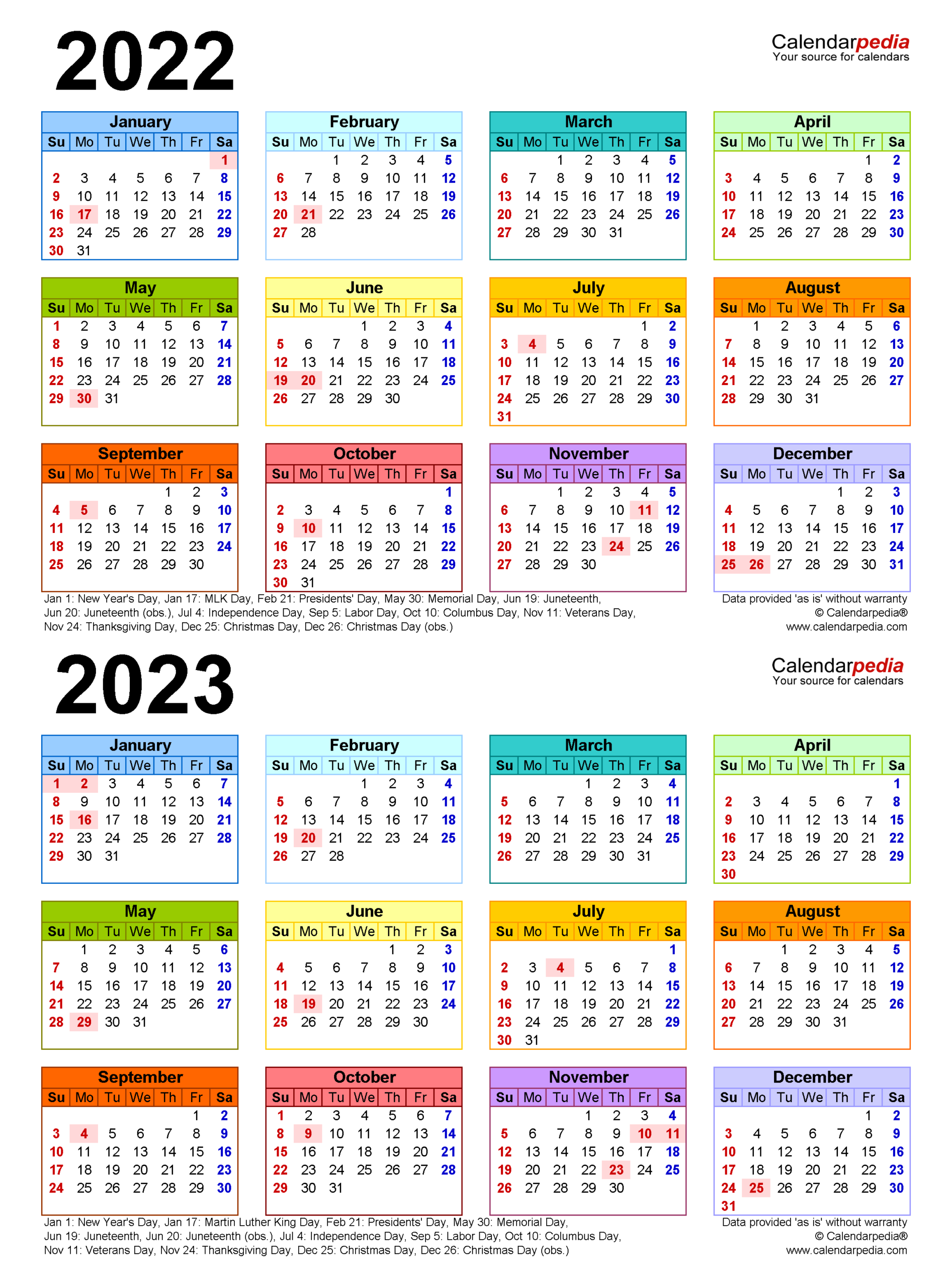 2022-2023 Two Year Calendar - Free Printable Word Templates  Free Printable Coloring Calendar 2022