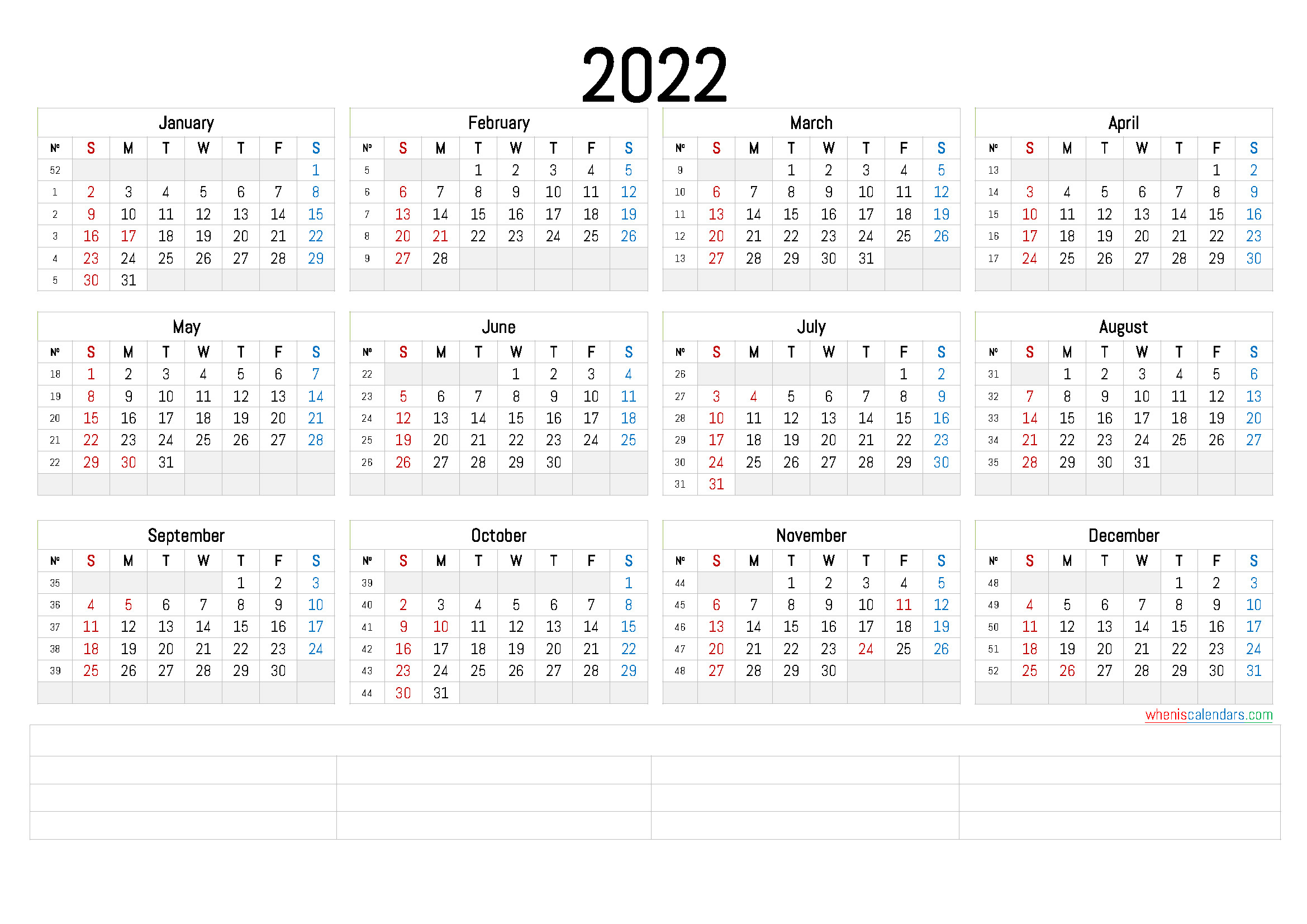 2022 Annual Calendar Printable (6 Templates) - Free  Online Free Printable Calendar 2022
