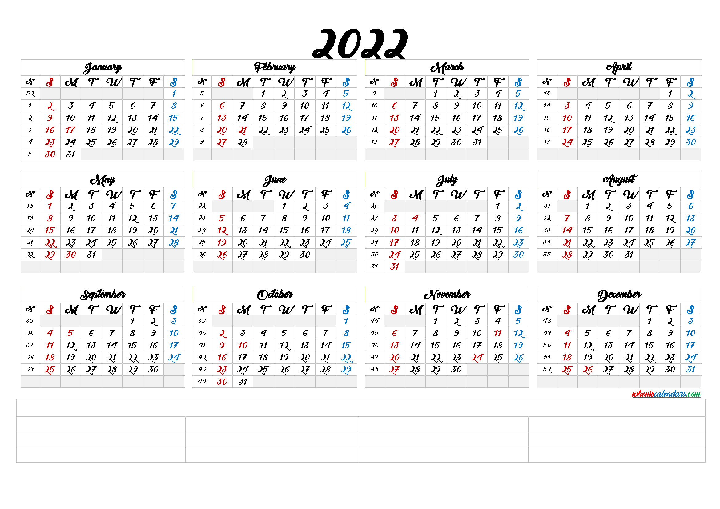 2022 Annual Calendar Printable (6 Templates)  Free Printable 2022 Yearly Calendar Templates