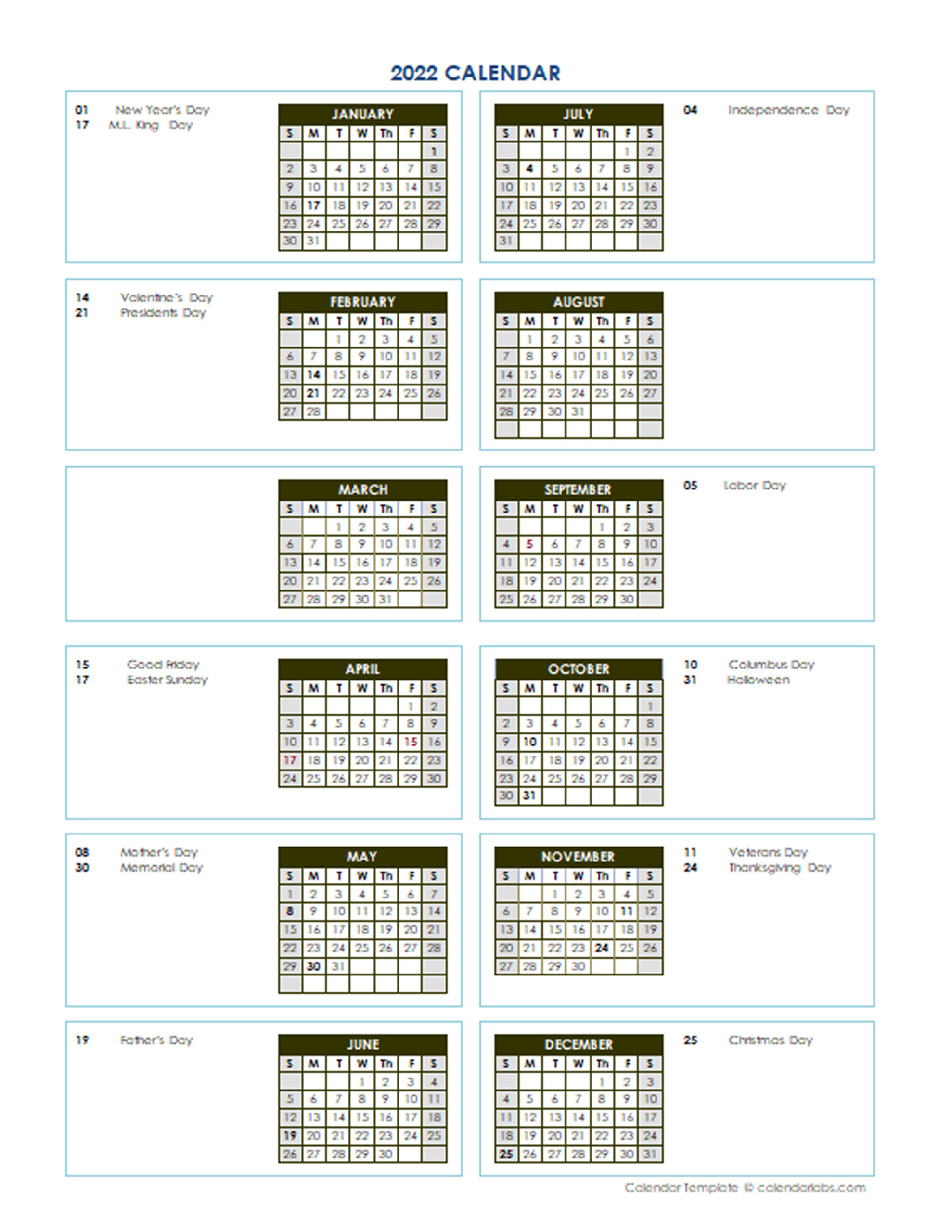 2022 Annual Calendar Vertical Template - Free Printable  2022 Printable Calendar Vertical With Holidays