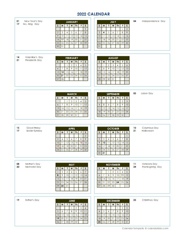 2022 Annual Calendar Vertical Template - Free Printable  Printable Calendar 2022 Blank