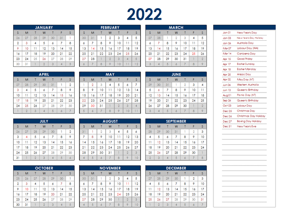 2022 Australia Annual Calendar With Holidays - Free  2022 Calendar Printable Word Document