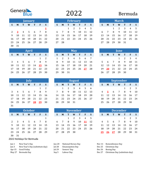 2022 Bermuda Calendar With Holidays  Free Printable Calendar 2022 And 2022 With Holidays