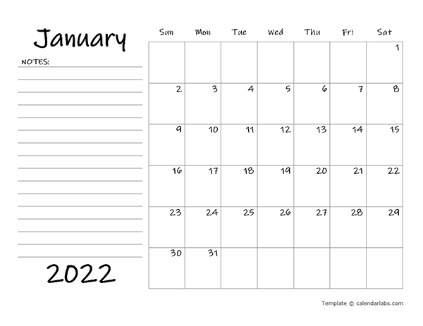 2022 Blank Calendar Template With Notes - Free Printable  Free Printable 2022 Calendar With Holidays Pdf