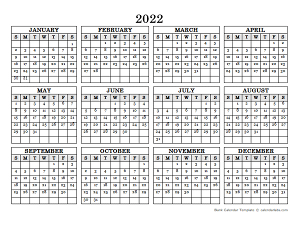 2022 Blank Yearly Calendar Landscape - Free Printable  2022 Julian Calendar With Holidays