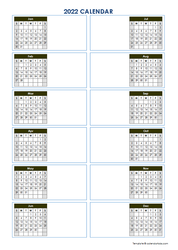 2022 Blank Yearly Calendar Template Vertical Design - Free  Free Printable 2022 Monthly Calendar With Holidays Vertical